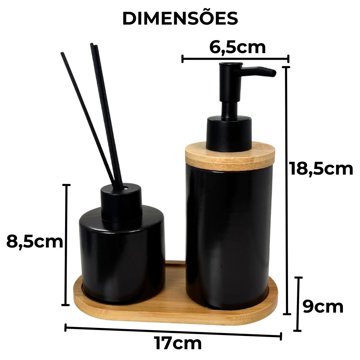 Kit Banheiro Aromas Liso 3 Peças - Conjunto Dispenser e Aromatizador em Porcelana com Bandeja em Bambu