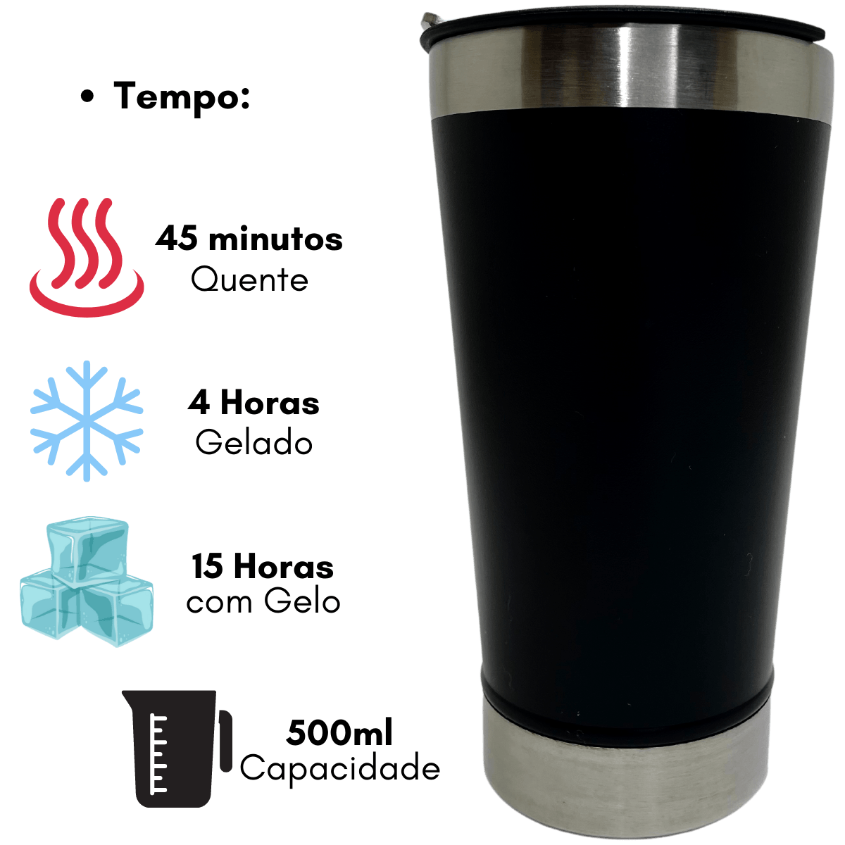 Copo Térmico c/ Tampa e Abridor 500ml Inox Preto