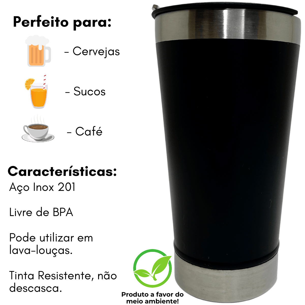 Copo Térmico c/ Tampa e Abridor 500ml Inox Preto