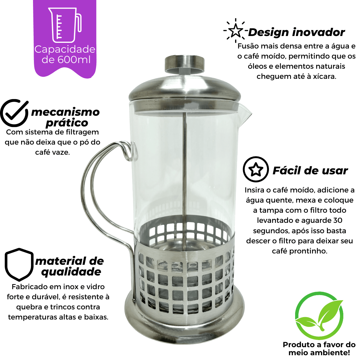 Cafeteira Prensa Francesa 600ml Aço Inox Quadrados