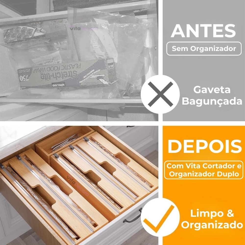 VitaPratic™ Dispenser Duplo em Bambu | Cortador Premium para Alumínio e PVC