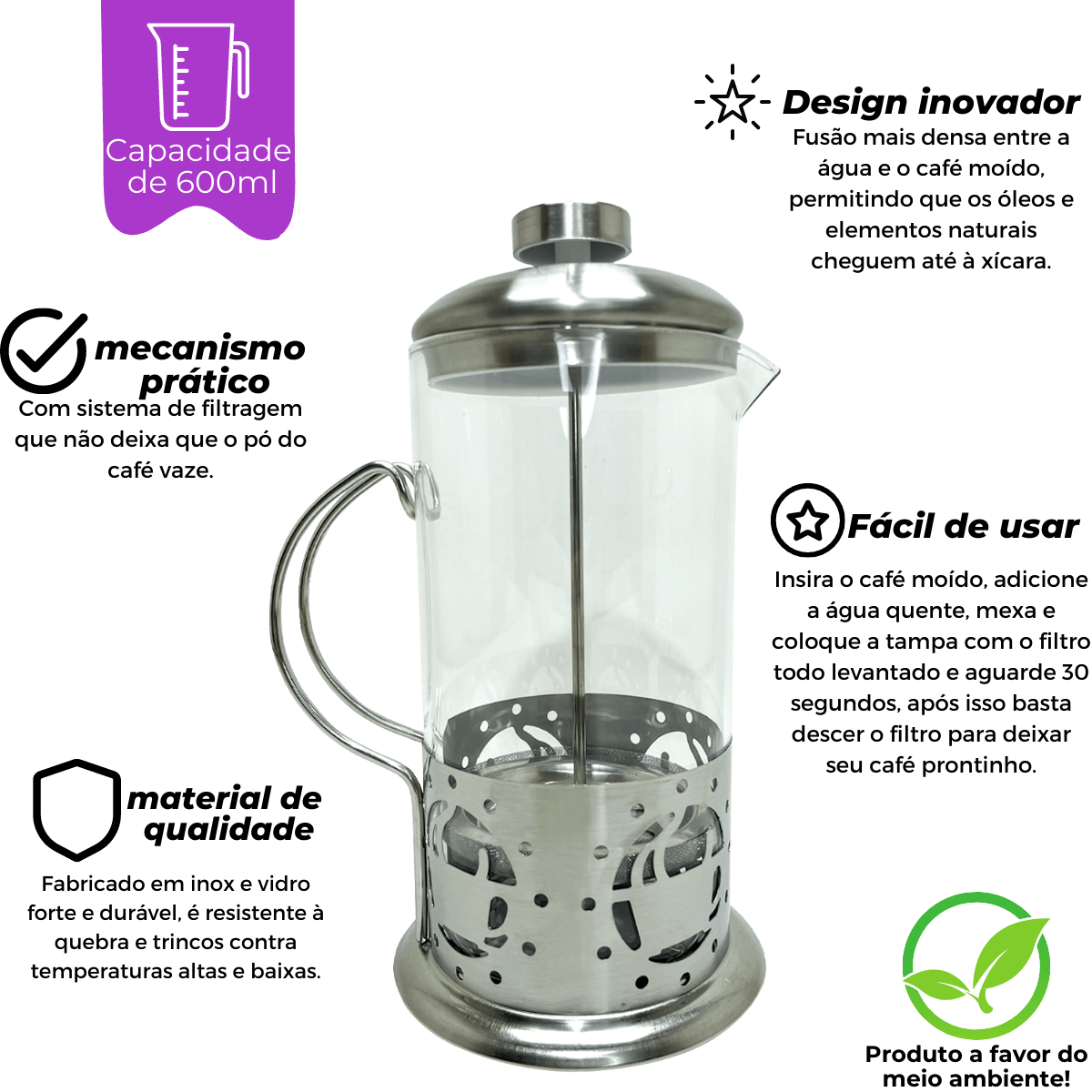 Cafeteira Prensa Francesa 600ml Aço Inox Cafés