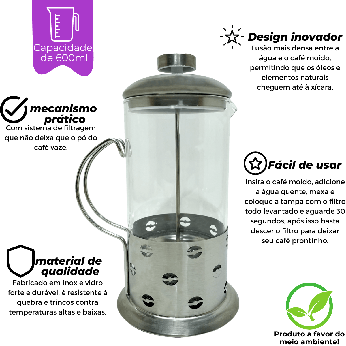 Cafeteira Prensa Francesa 600ml Aço Inox Grãos