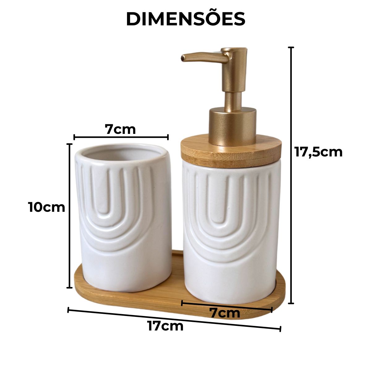 Kit Banheiro Supreme - Conjunto Porcelana Base Bambu Saboneteira Porta Escova 3 Peças