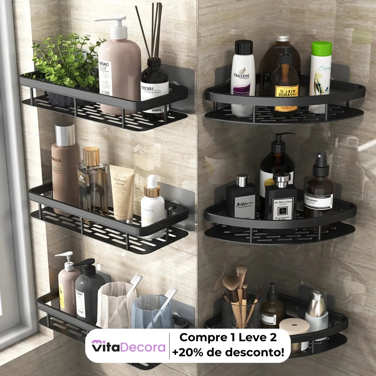 Suporte Porta Shampoo Organizador Alumínio + 2 Adesivos ProFix™ de BRINDE!