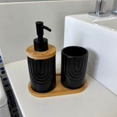 Kit Banheiro Supreme - Conjunto Porcelana Base Bambu Saboneteira Porta Escova 3 Peças