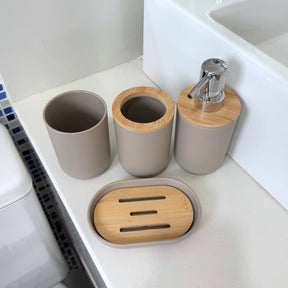 Kit Banheiro Lavabo Elegance – 5 Peças Dispenser, Porta Sabão e Porta-Objetos em Bambu