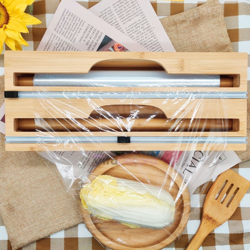 VitaPratic™ Dispenser Duplo em Bambu | Cortador Premium para Alumínio e PVC