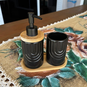 Kit Banheiro Supreme - Conjunto Porcelana Base Bambu Saboneteira Porta Escova 3 Peças