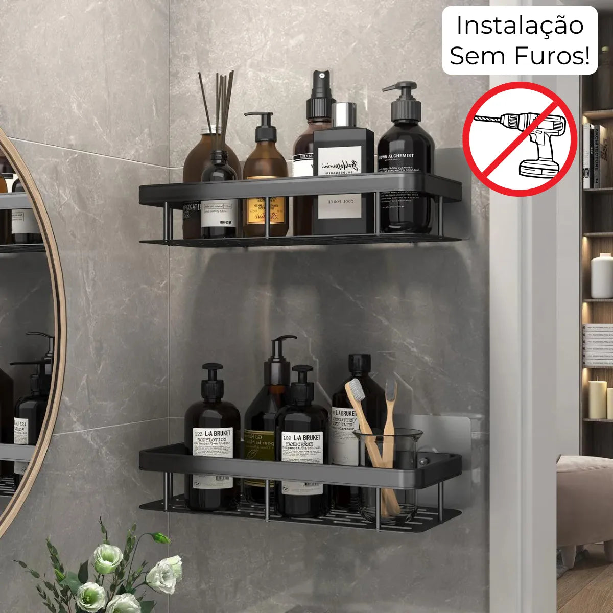 Suporte Porta Shampoo Organizador Alumínio + 2 Adesivos ProFix™ de BRINDE!
