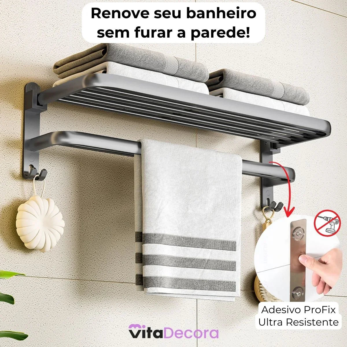 Porta-Toalhas Grande Retrátil Instalação + Adesivos ProFix™ de Brinde! - Até 5 Toalhas