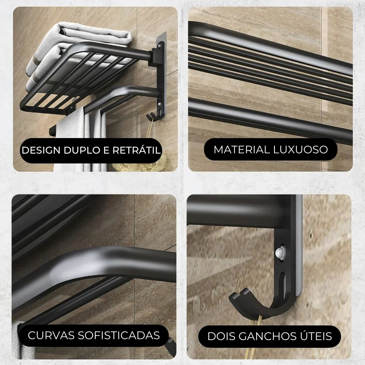 Porta-Toalhas Grande Retrátil Instalação + Adesivos ProFix™ de Brinde! - Até 5 Toalhas