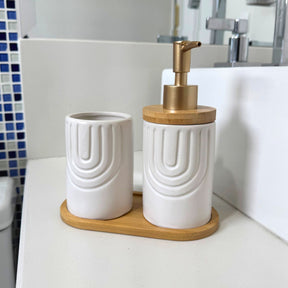 Kit Banheiro Supreme - Conjunto Porcelana Base Bambu Saboneteira Porta Escova 3 Peças