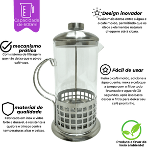 Cafeteira Prensa Francesa 600ml Aço Inox Quadrados