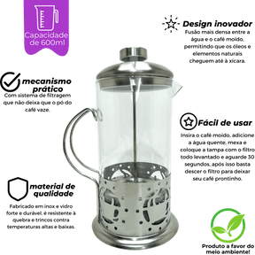 Cafeteira Prensa Francesa 600ml Aço Inox Cafés