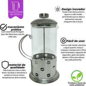 Cafeteira Prensa Francesa 600ml Aço Inox Grãos