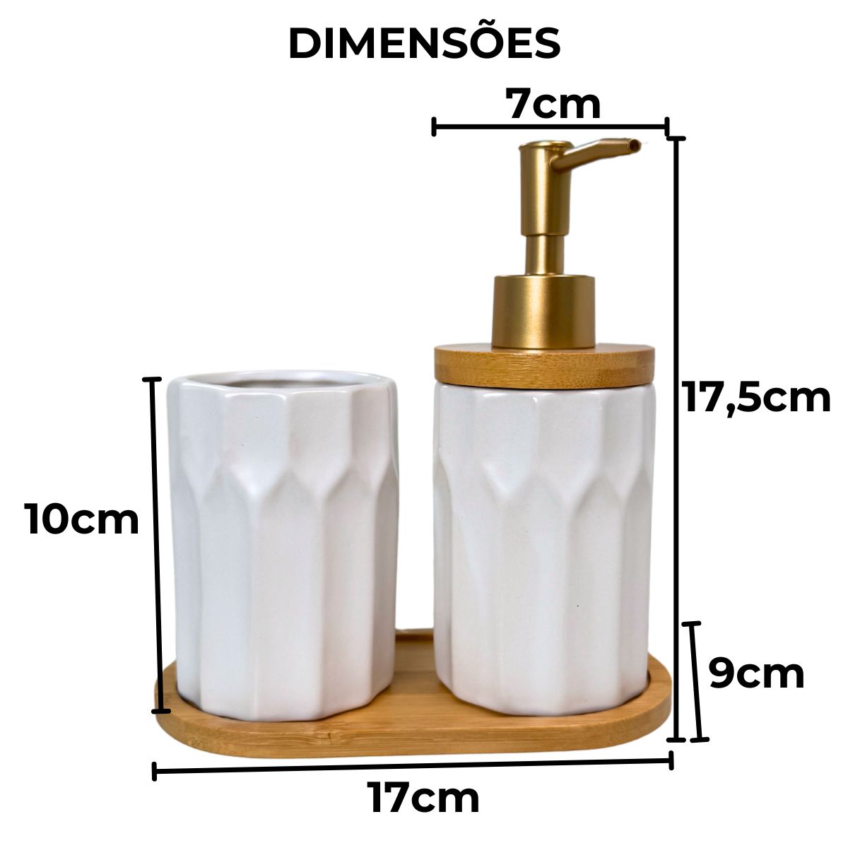 Kit Banheiro Elegance 3 Peças - Conjunto Dispenser, Porta Escova e Bandeja em Bambu