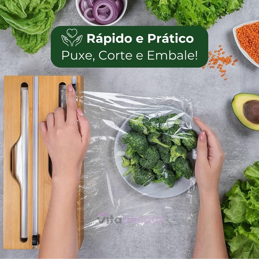 VitaPratic™ Dispenser Duplo em Bambu | Cortador Premium para Alumínio e PVC