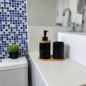 Kit Banheiro Supreme - Conjunto Porcelana Base Bambu Saboneteira Porta Escova 3 Peças