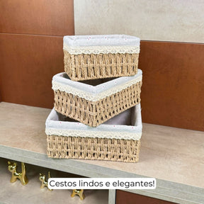 Kit 3 Cestos Organizadores de Vime com Forro em Renda – Elegância e Funcionalidade