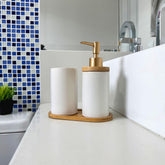 Kit Banheiro Minimalist - Conjunto Saboneteira e Porta Escova Porcelana com Base Bambu 3 Peças