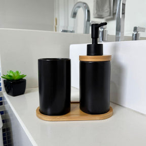 Kit Banheiro Minimalist - Conjunto Saboneteira e Porta Escova Porcelana com Base Bambu 3 Peças